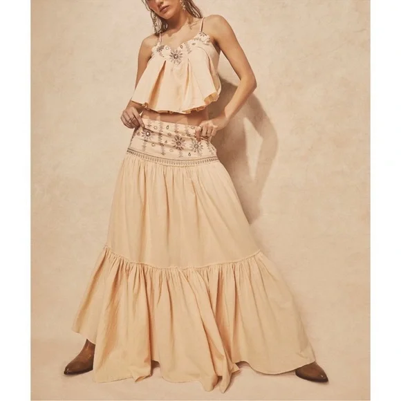 FREE PEOPLE Crystal Cove Linen Beaded Maxi Skirt